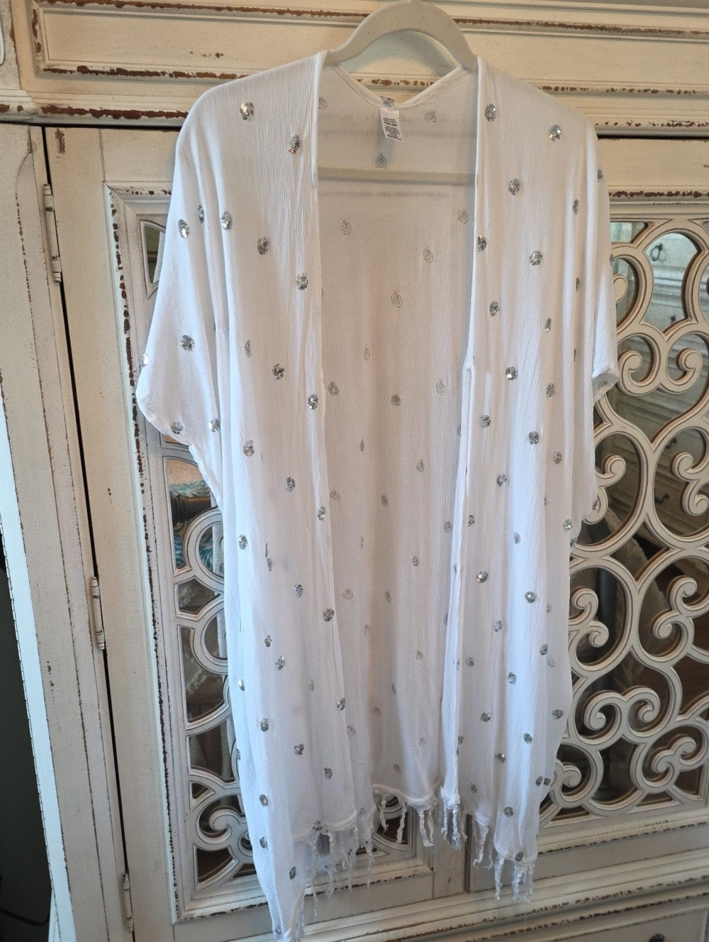 Boho White Sequin Metallic Dot Kimono Cover Up Tie Front Tassels OS